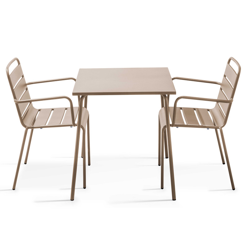 Ensemble table carrée (70x70 cm) et 2 fauteuils en métal