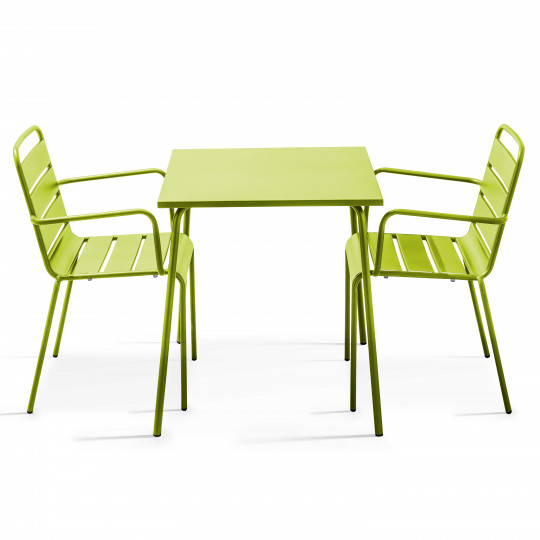 Ensemble table carrée (70x70 cm) et 2 fauteuils en métal