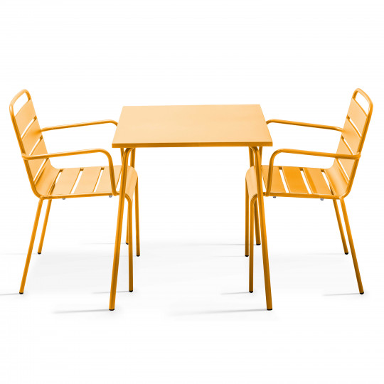 Ensemble table carrée (70x70 cm) et 2 fauteuils en métal