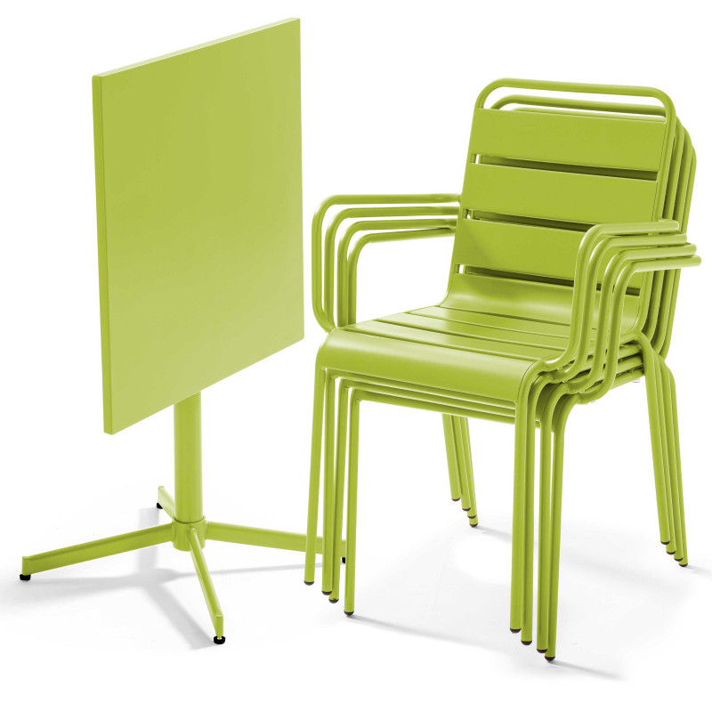 Ensemble table carrée avec plateau inclinable (70x70 cm) + 4 fauteuils en métal