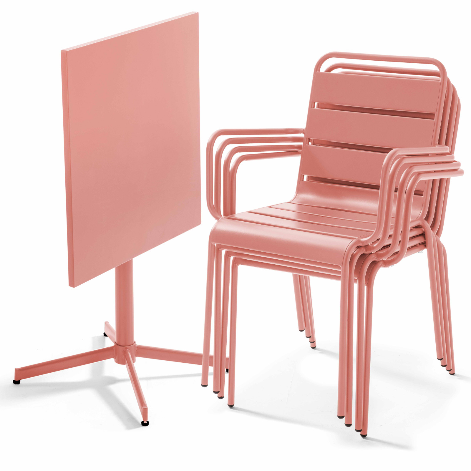 Ensemble table carrée avec plateau inclinable (70x70 cm) + 4 fauteuils en métal