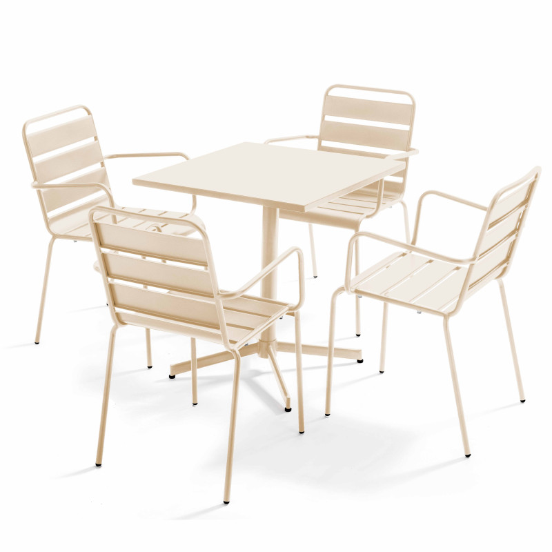 Ensemble table carrée avec plateau inclinable (70x70 cm) + 4 fauteuils en métal