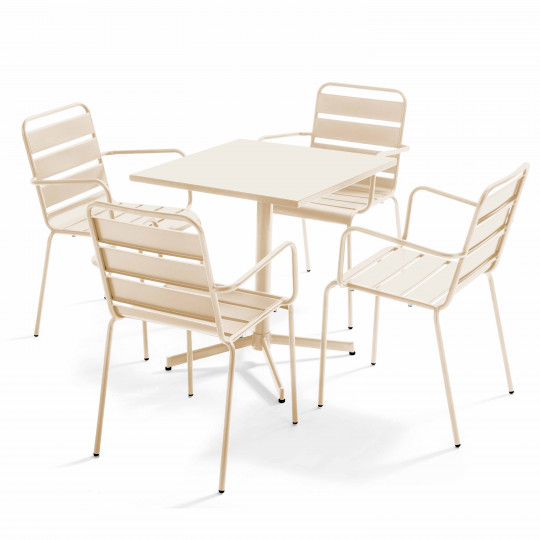 Ensemble table carrée avec plateau inclinable (70x70 cm) + 4 fauteuils en métal