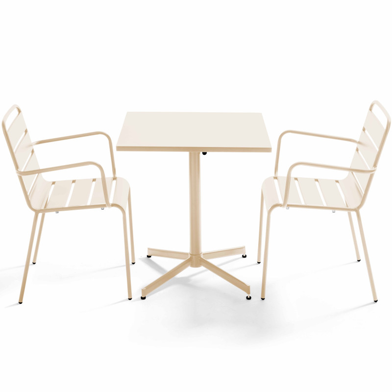 Ensemble table carrée avec plateau inclinable et 2 fauteuils en métal