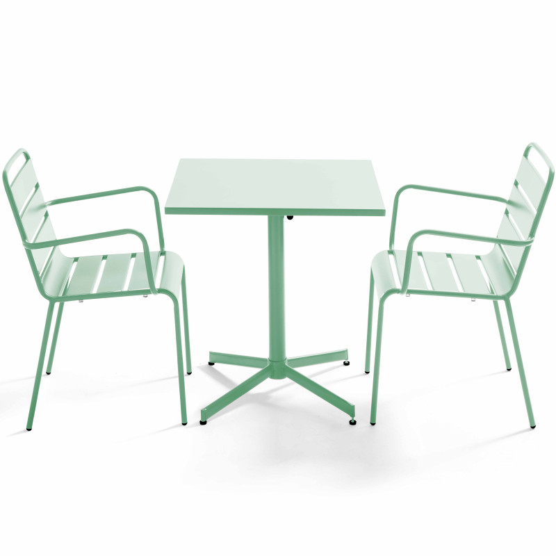 Ensemble table carrée avec plateau inclinable et 2 fauteuils en métal