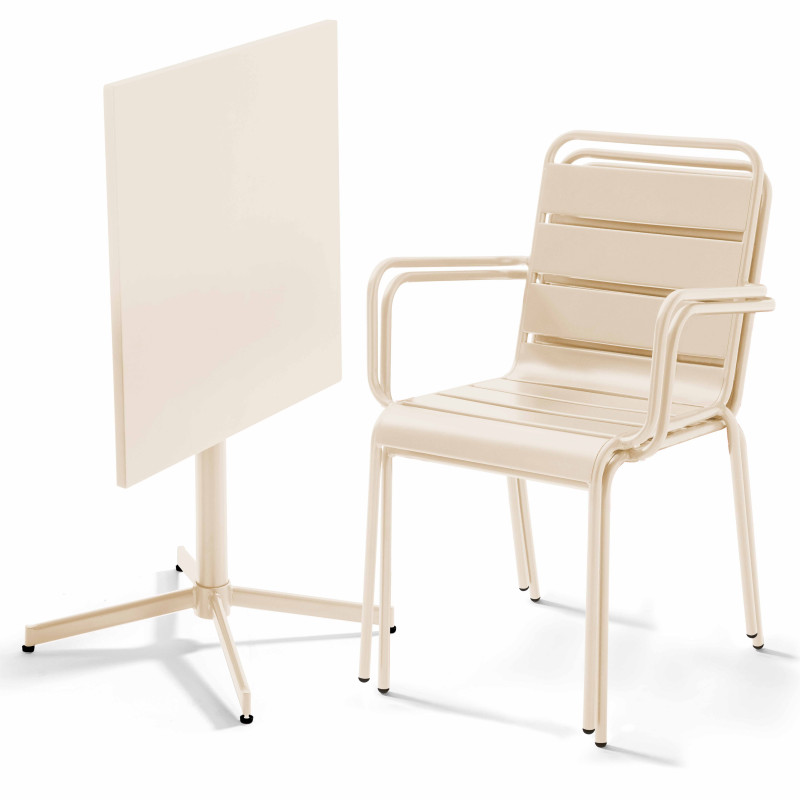 Ensemble table carrée avec plateau inclinable et 2 fauteuils en métal