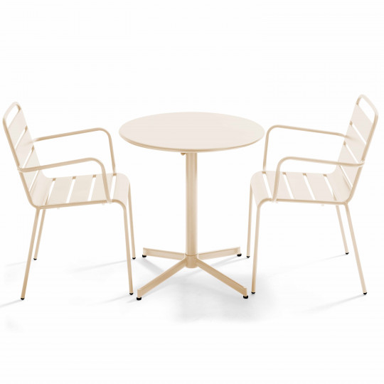 Ensemble table ronde avec plateau inclinable (⌀70cm) et 2 fauteuils en métal