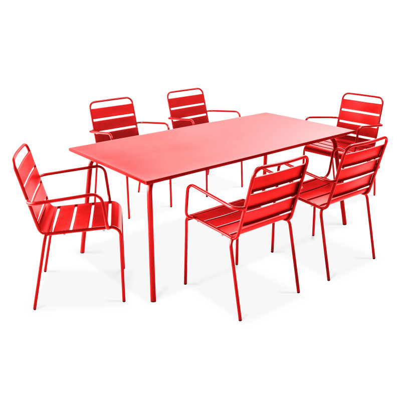 Ensemble table rectangulaire 180 cm + 6 fauteuils en métal