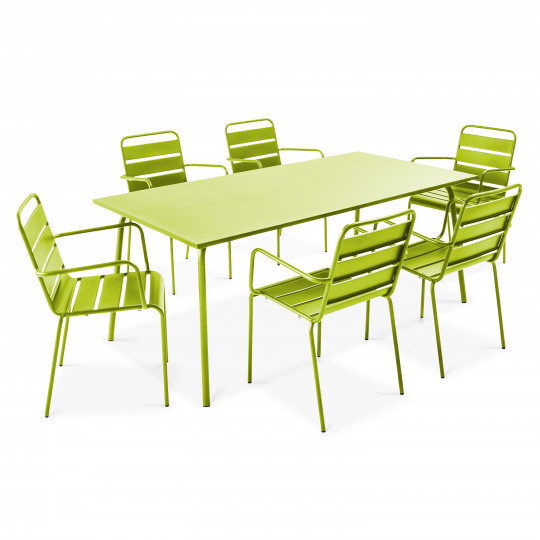 Ensemble table rectangulaire 180 cm + 6 fauteuils en métal
