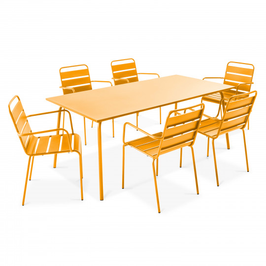 Ensemble table rectangulaire 180 cm + 6 fauteuils en métal