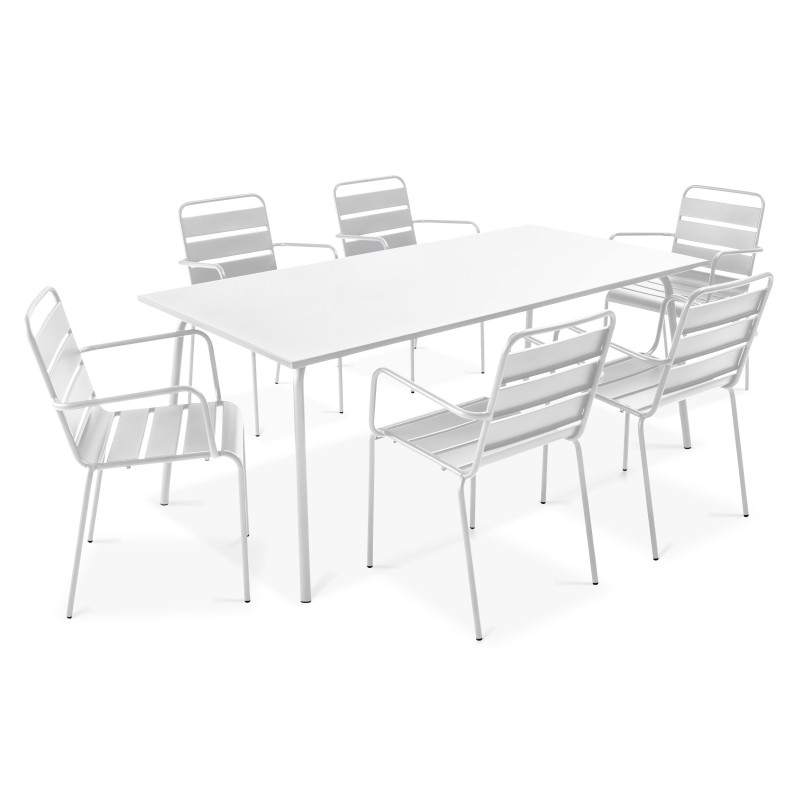 Ensemble table rectangulaire 180 cm + 6 fauteuils en métal