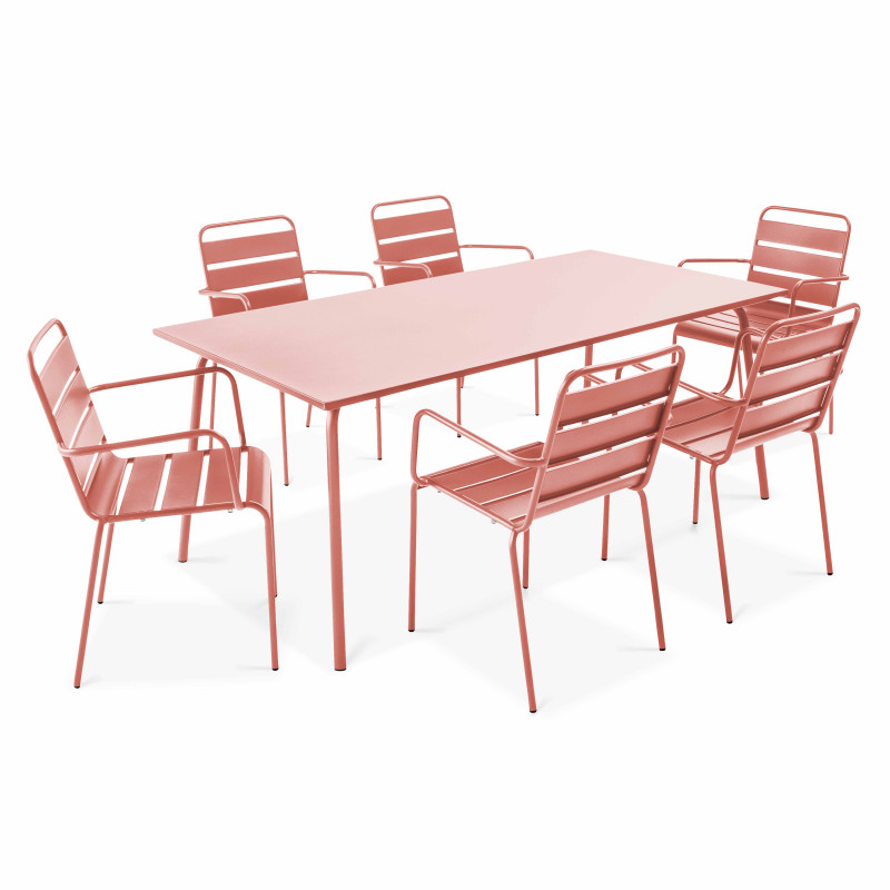Ensemble table rectangulaire 180 cm + 6 fauteuils en métal