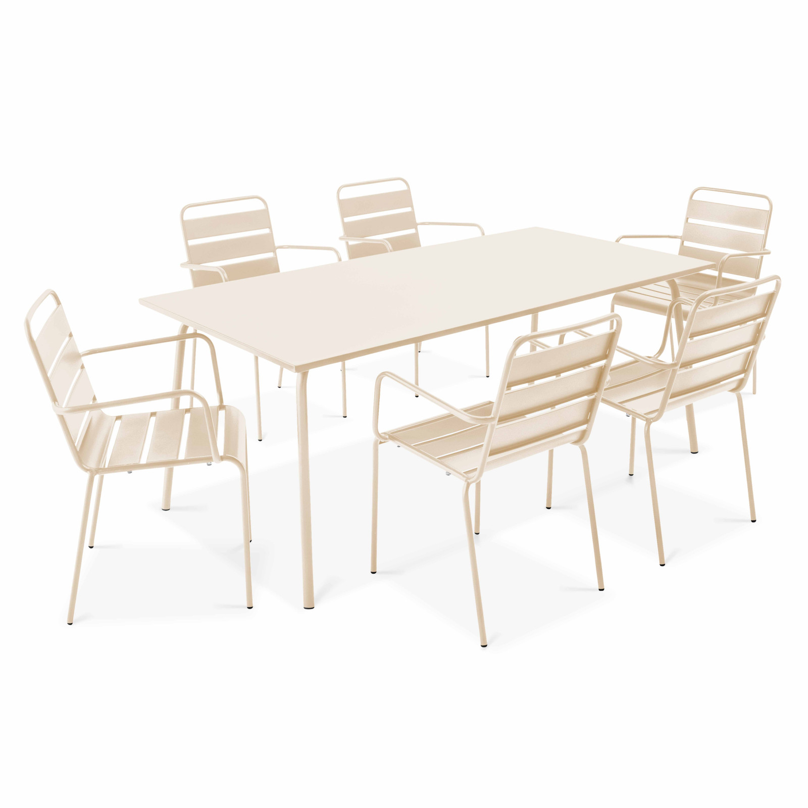 Ensemble table rectangulaire 180 cm + 6 fauteuils en métal