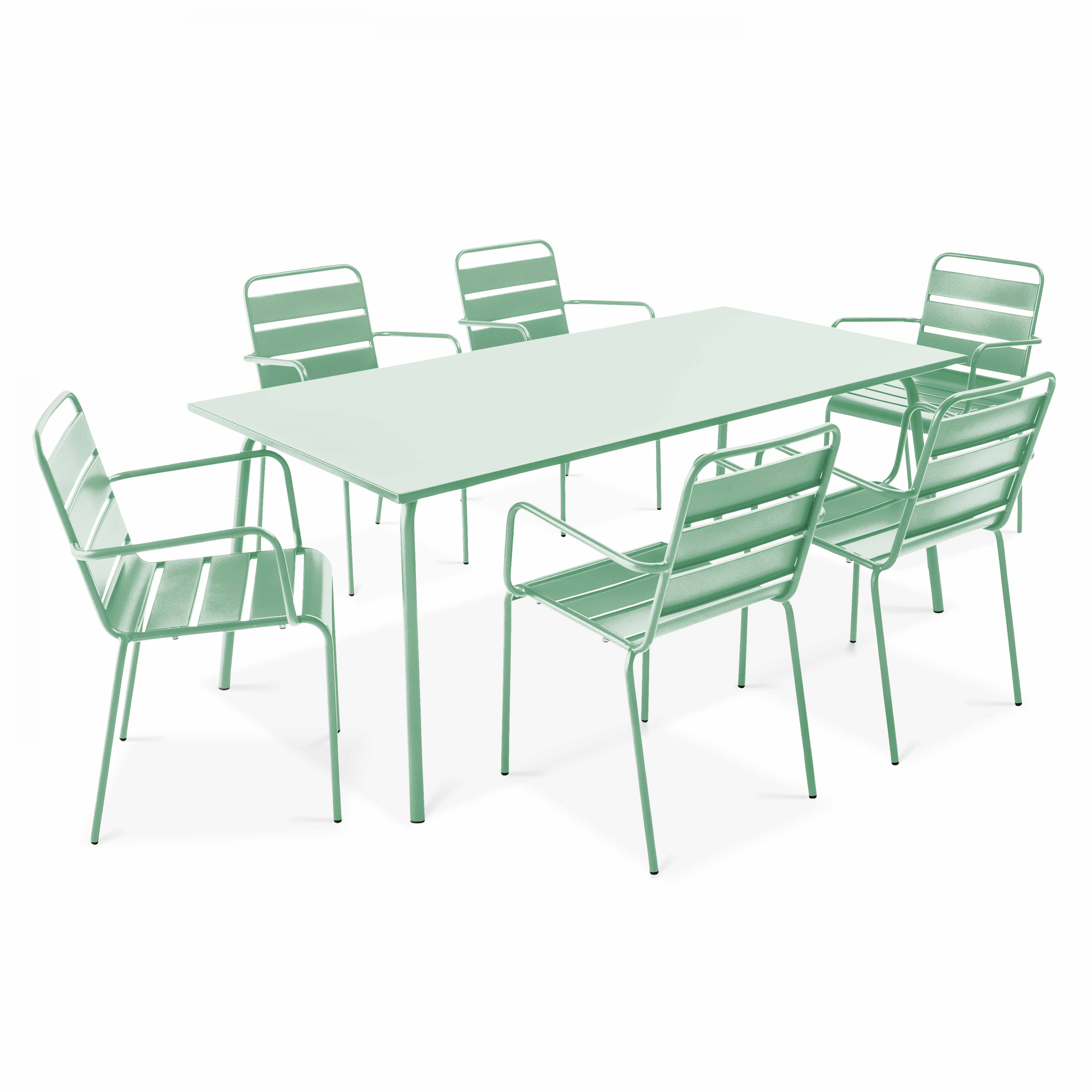 Table de terrasse en métal 180x90 cm et 6 chaises avec accoudoirs