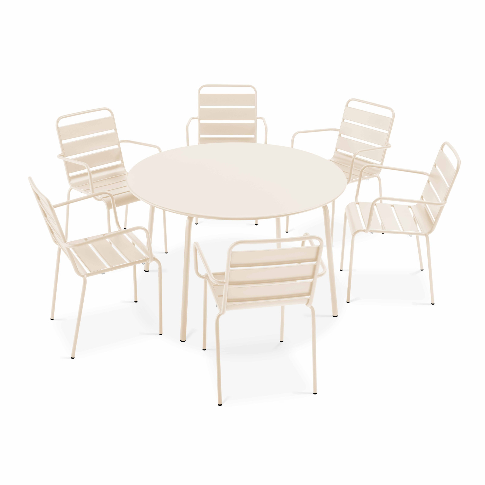 Ensemble table ronde (Ø120cm) + 6 fauteuils en métal