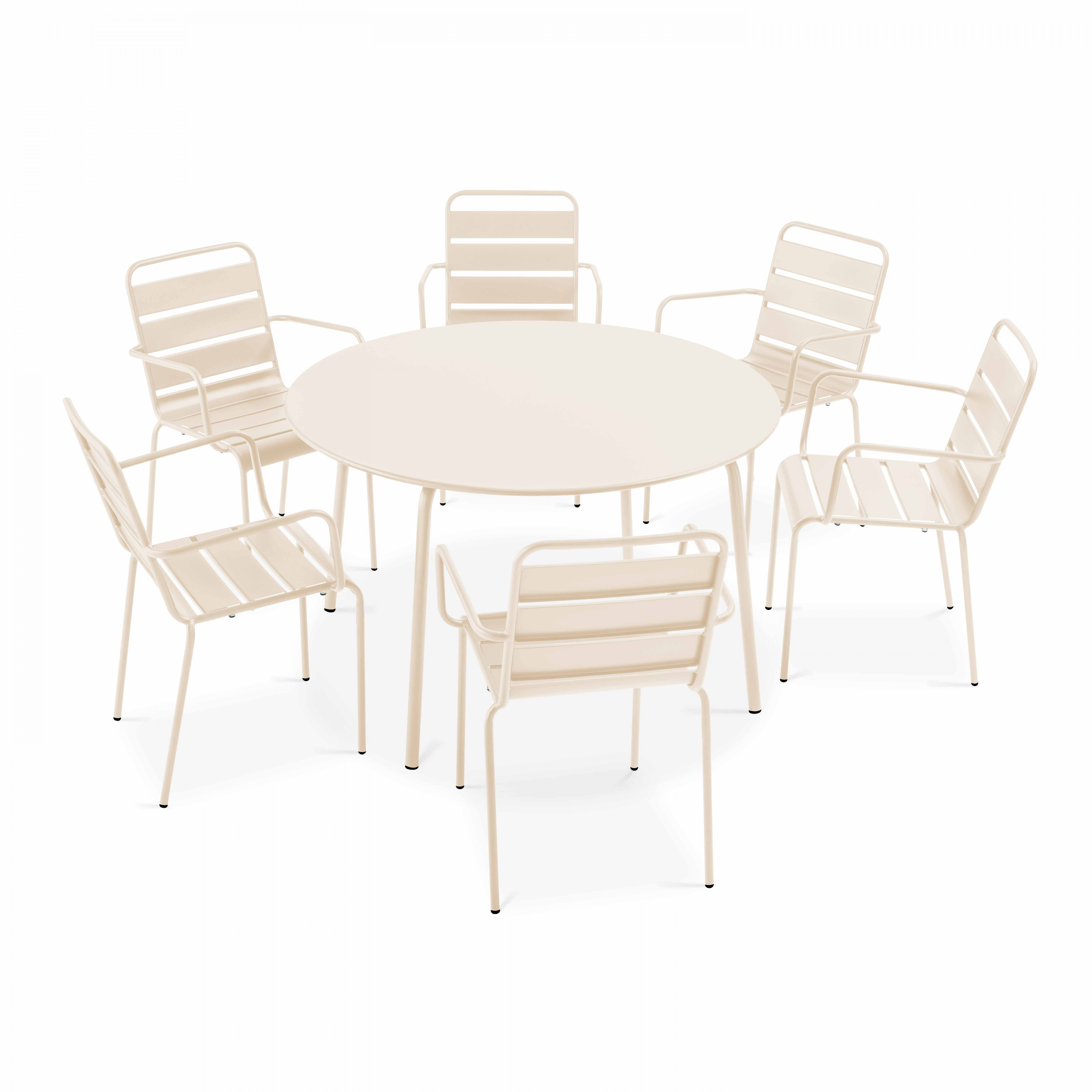 Table de terrasse ronde en métal Ø120 cm et 6 chaises avec accoudoirs