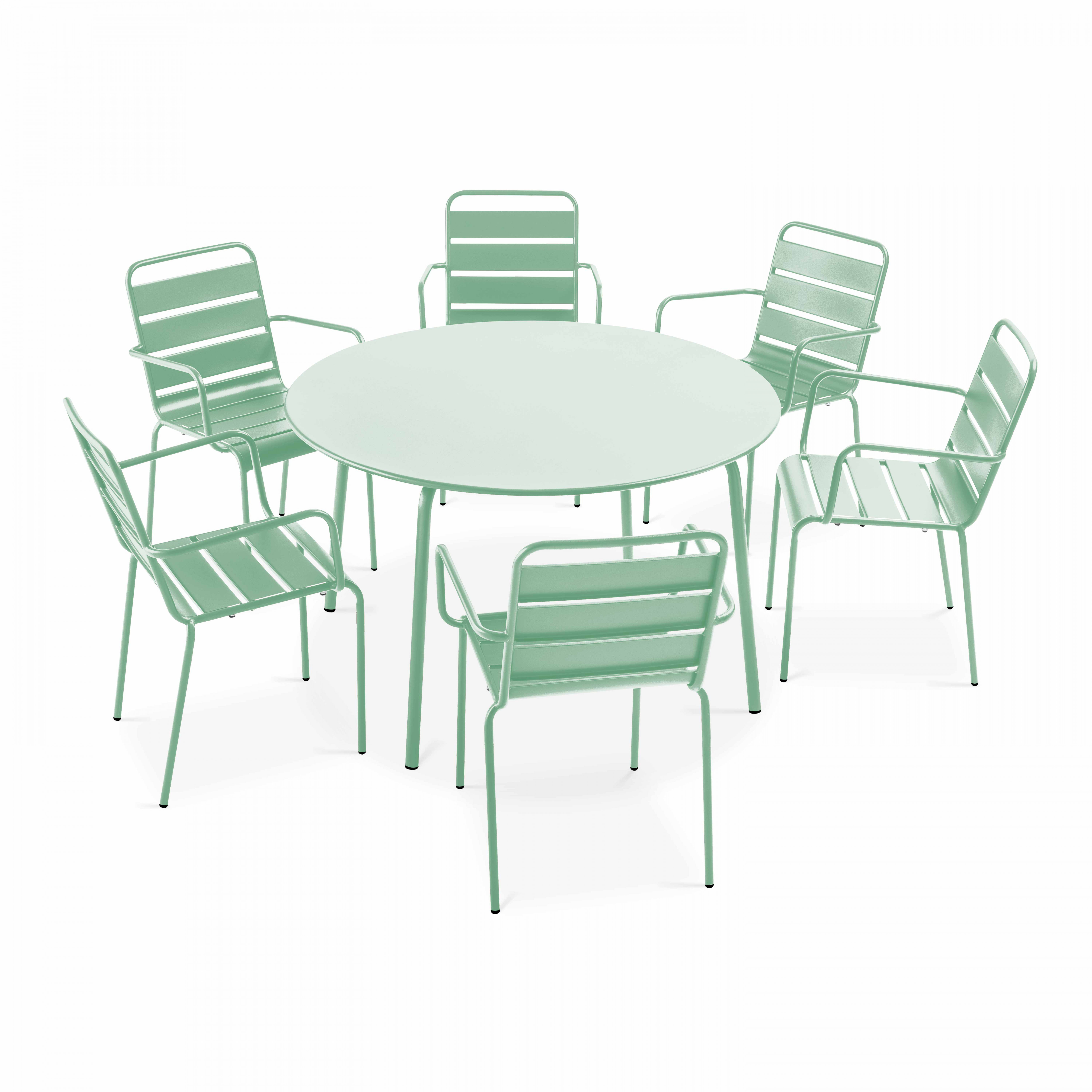 Table de terrasse ronde en métal Ø120 cm et 6 chaises avec accoudoirs