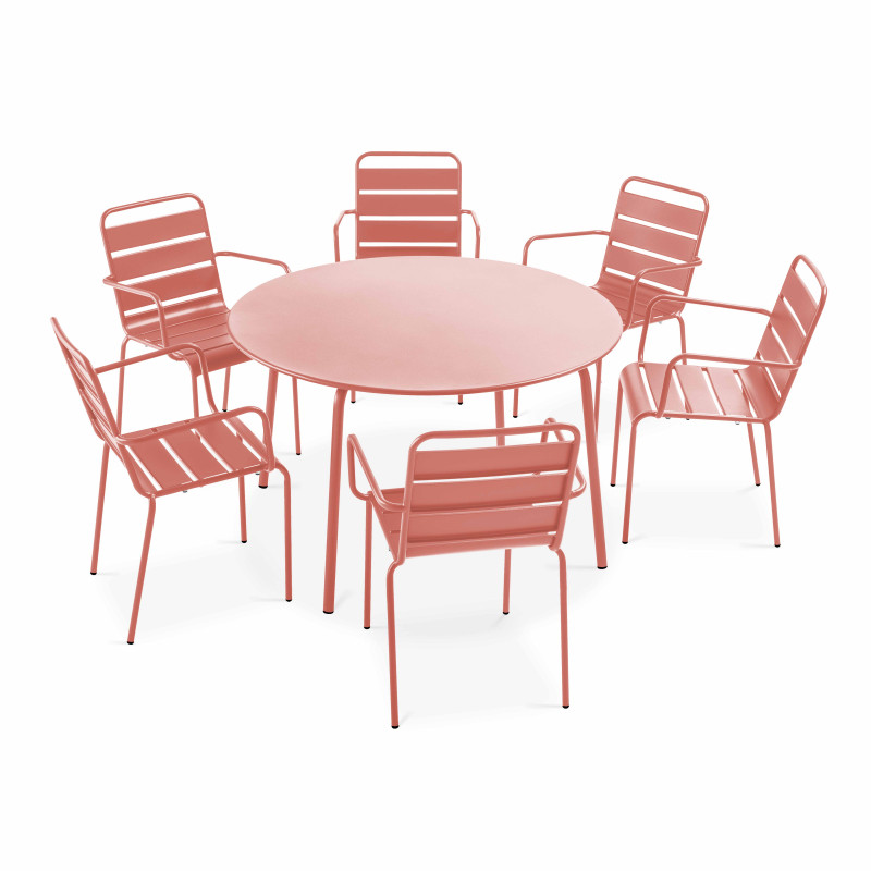 Ensemble table ronde (Ø120cm) + 6 fauteuils en métal