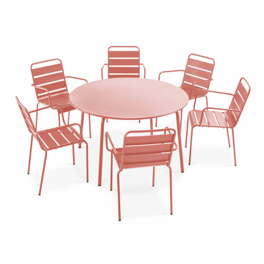 Ensemble table ronde (Ø120cm) + 6 fauteuils en métal