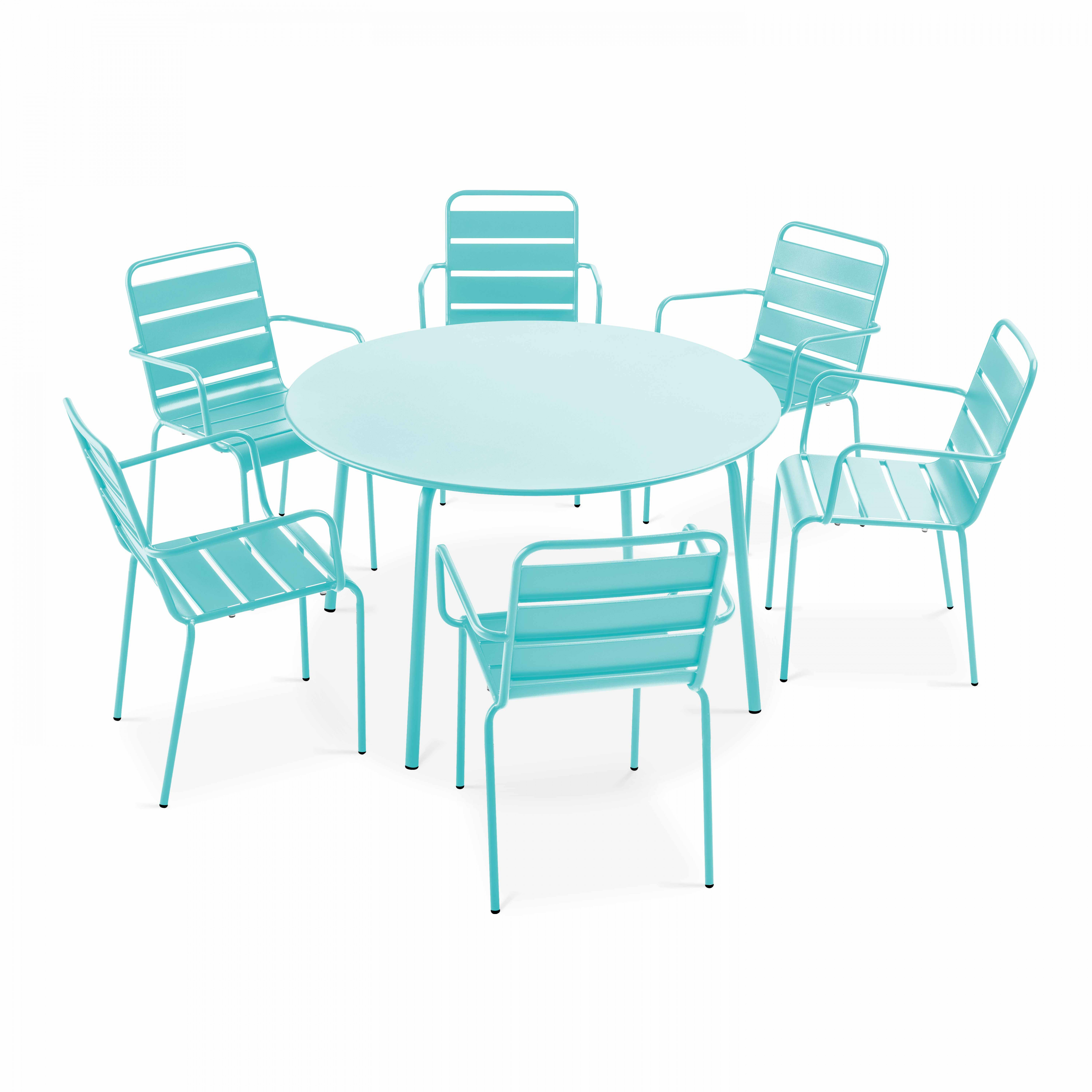 Table de terrasse ronde en métal Ø120 cm et 6 chaises avec accoudoirs