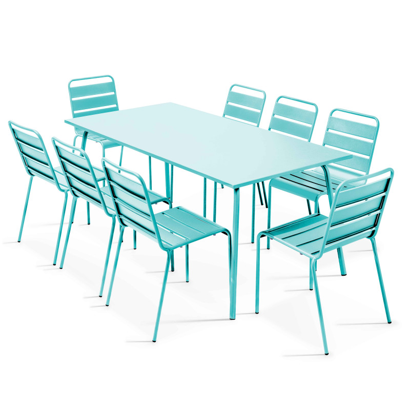 Ensemble table rectangulaire 180 cm + 8 chaises en métal