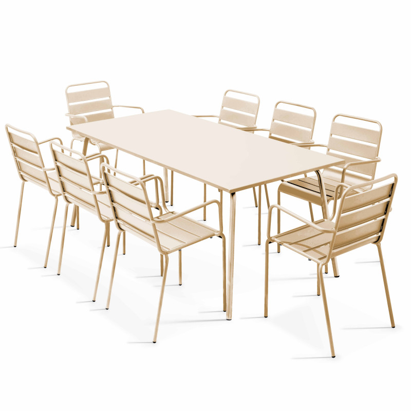 Ensemble table rectangulaire 180 cm et 8 fauteuils en métal