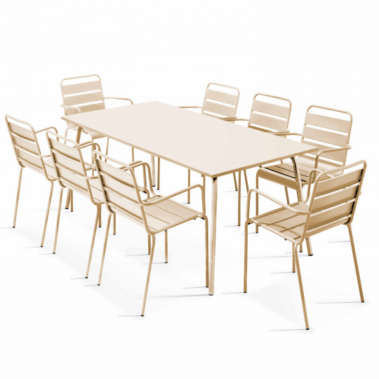 Ensemble table rectangulaire 180 cm et 8 fauteuils en métal