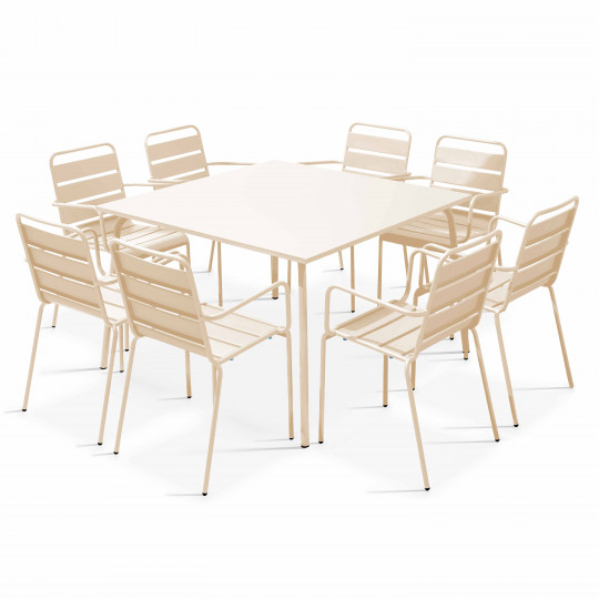 Table carrée 120 x 120cm + 8 fauteuils acier thermolaqué | Mobeventpro