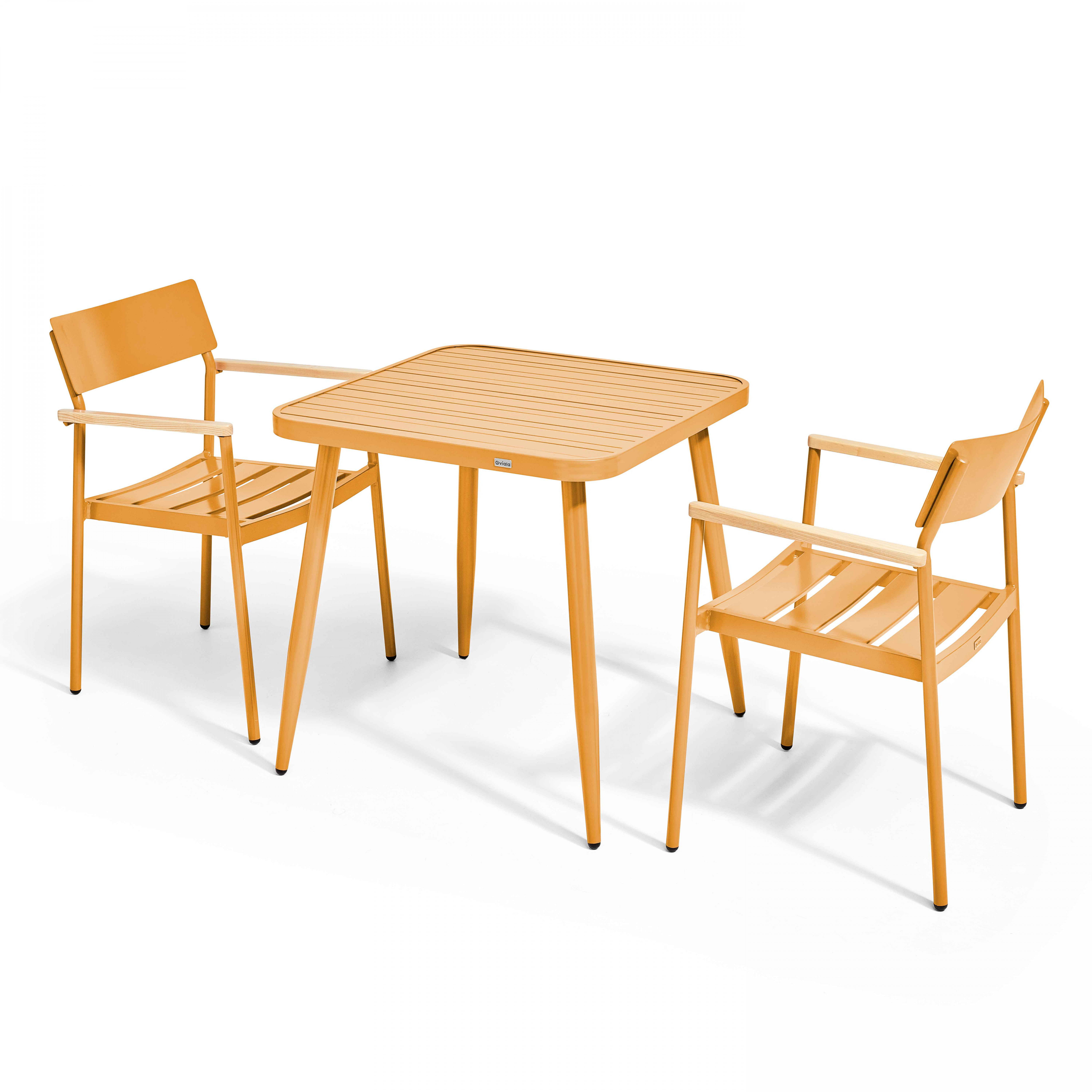 Table de terrasse carrée en aluminium 75x75 cm et 2 chaises avec accoudoirs en bois
