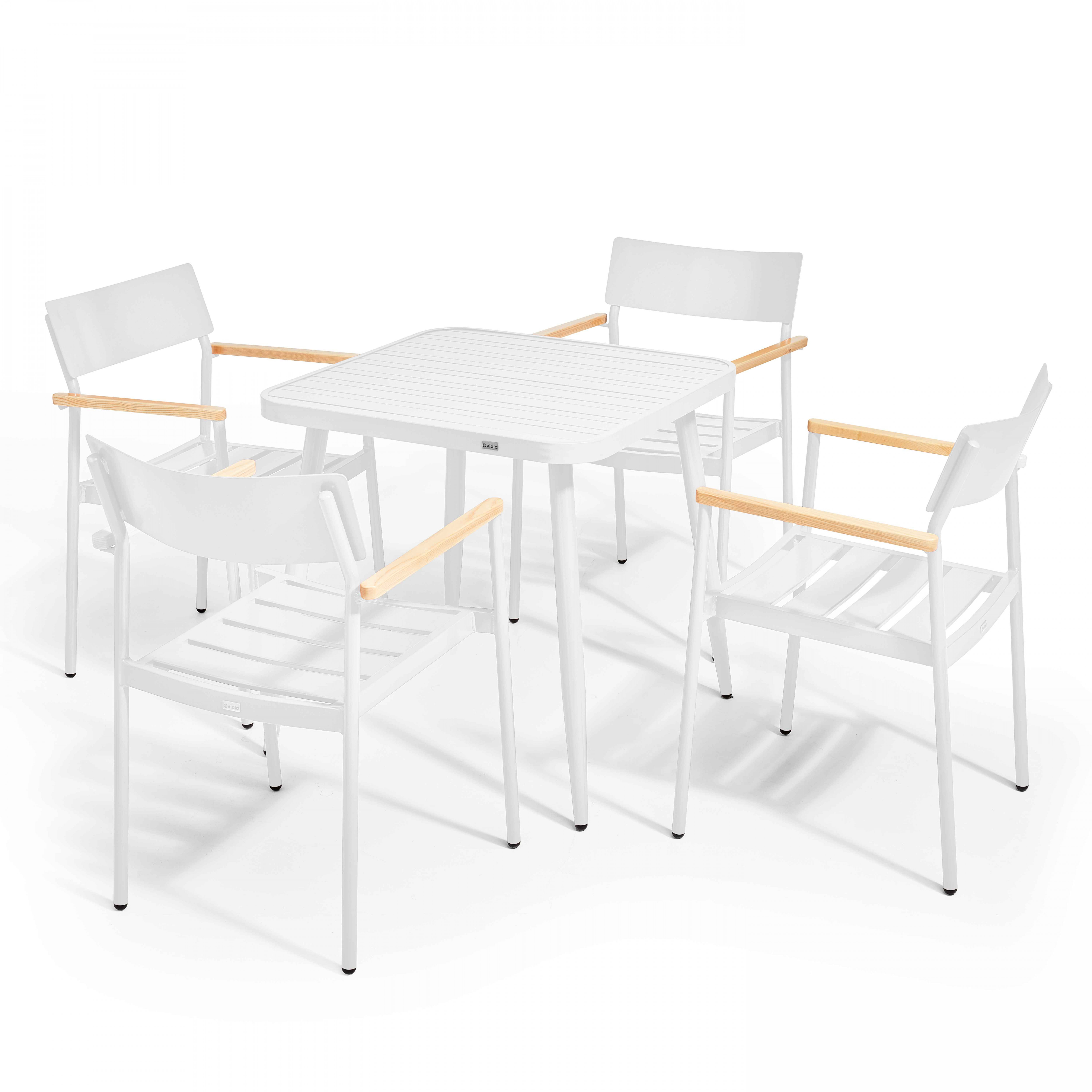 Table de terrasse carrée en aluminium 75x75 cm et 4 chaises avec accoudoirs en bois