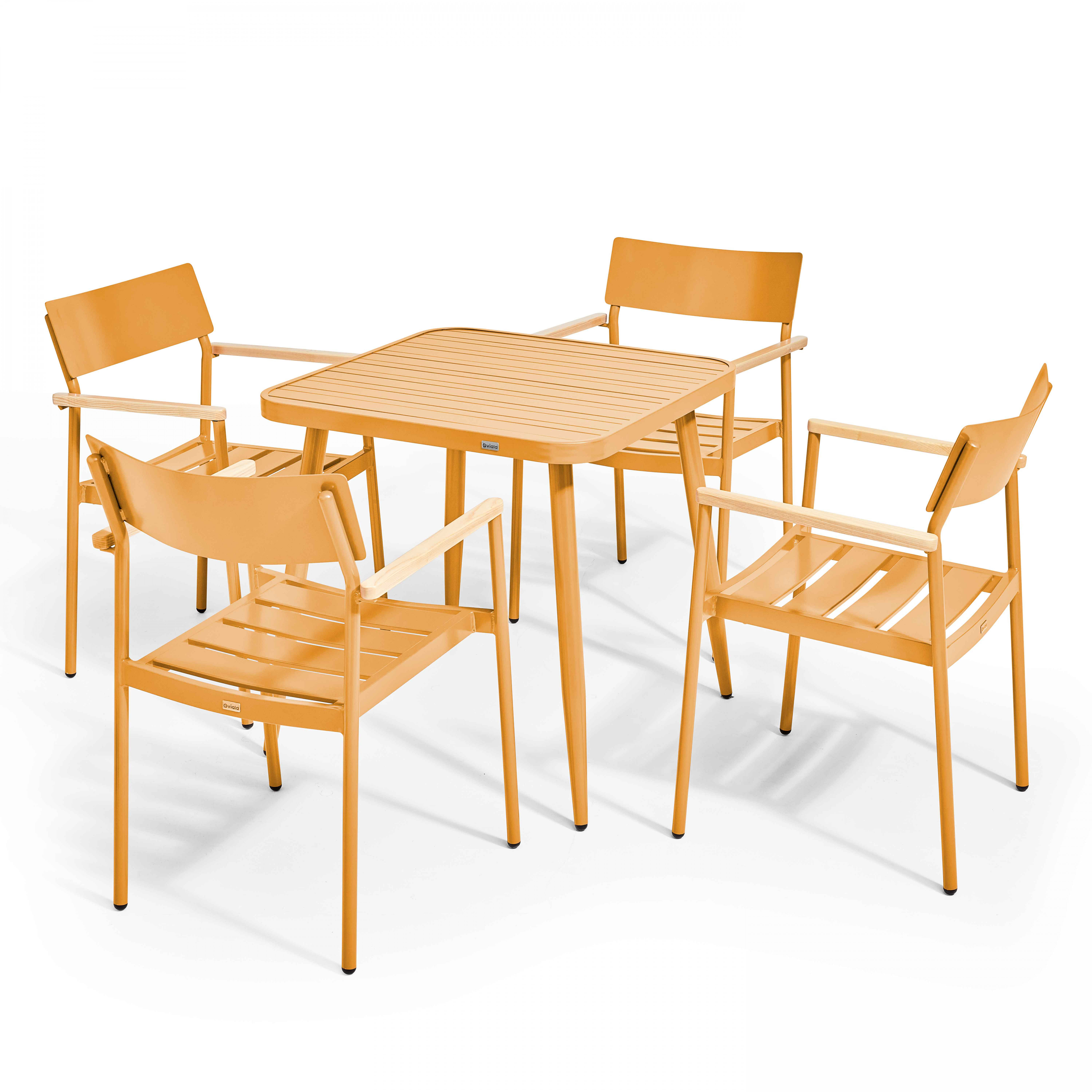 Table de terrasse carrée en aluminium 75x75 cm et 4 chaises avec accoudoirs en bois