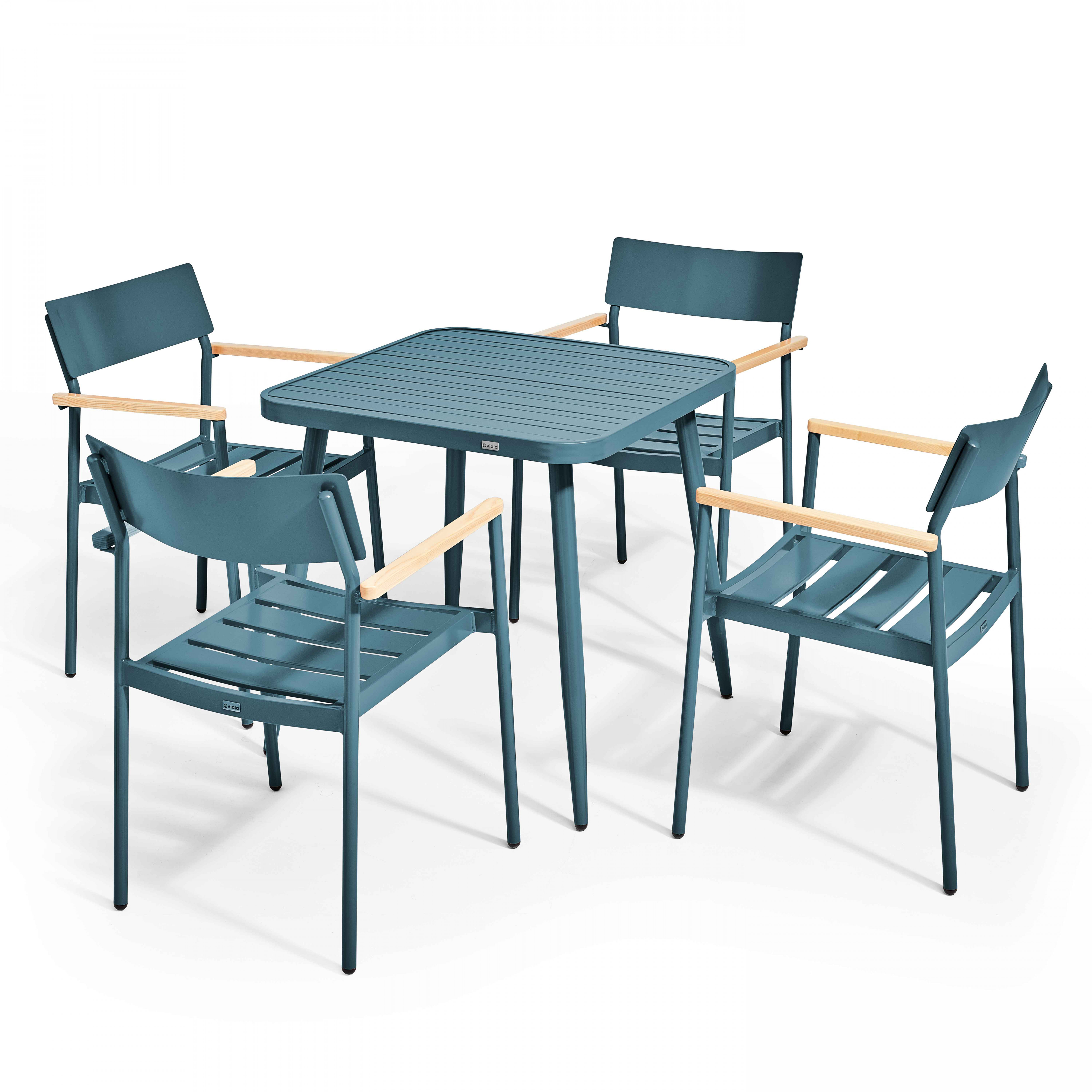 Table de terrasse carrée en aluminium 75x75 cm et 4 chaises avec accoudoirs en bois