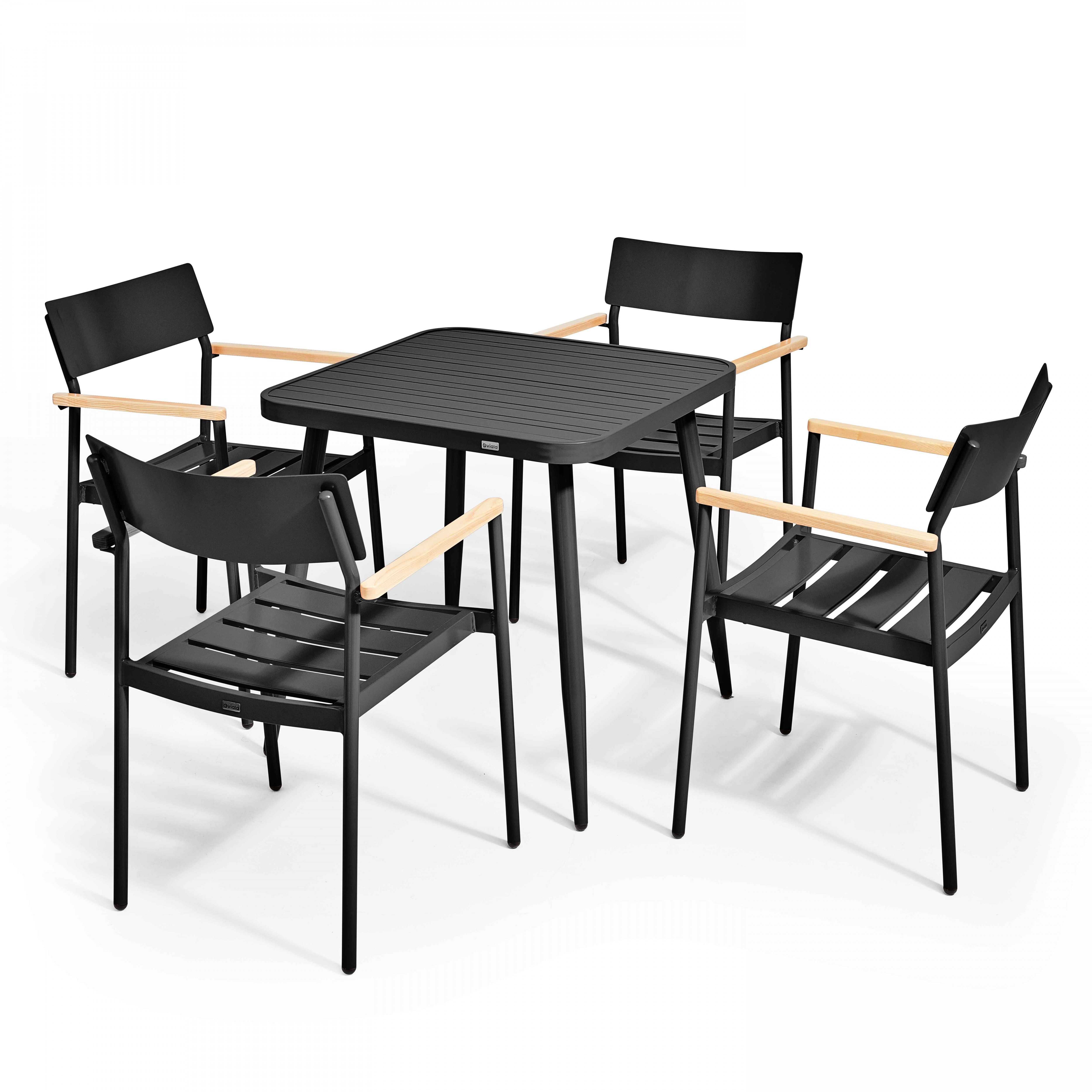 Table de terrasse carrée en aluminium 75x75 cm et 4 chaises avec accoudoirs en bois