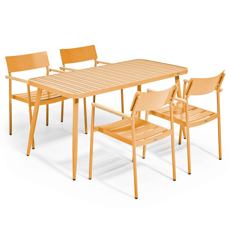 Ensemble de terrasse ( 150 x 75 x 76 cm) + 4 fauteuils en aluminium/bois