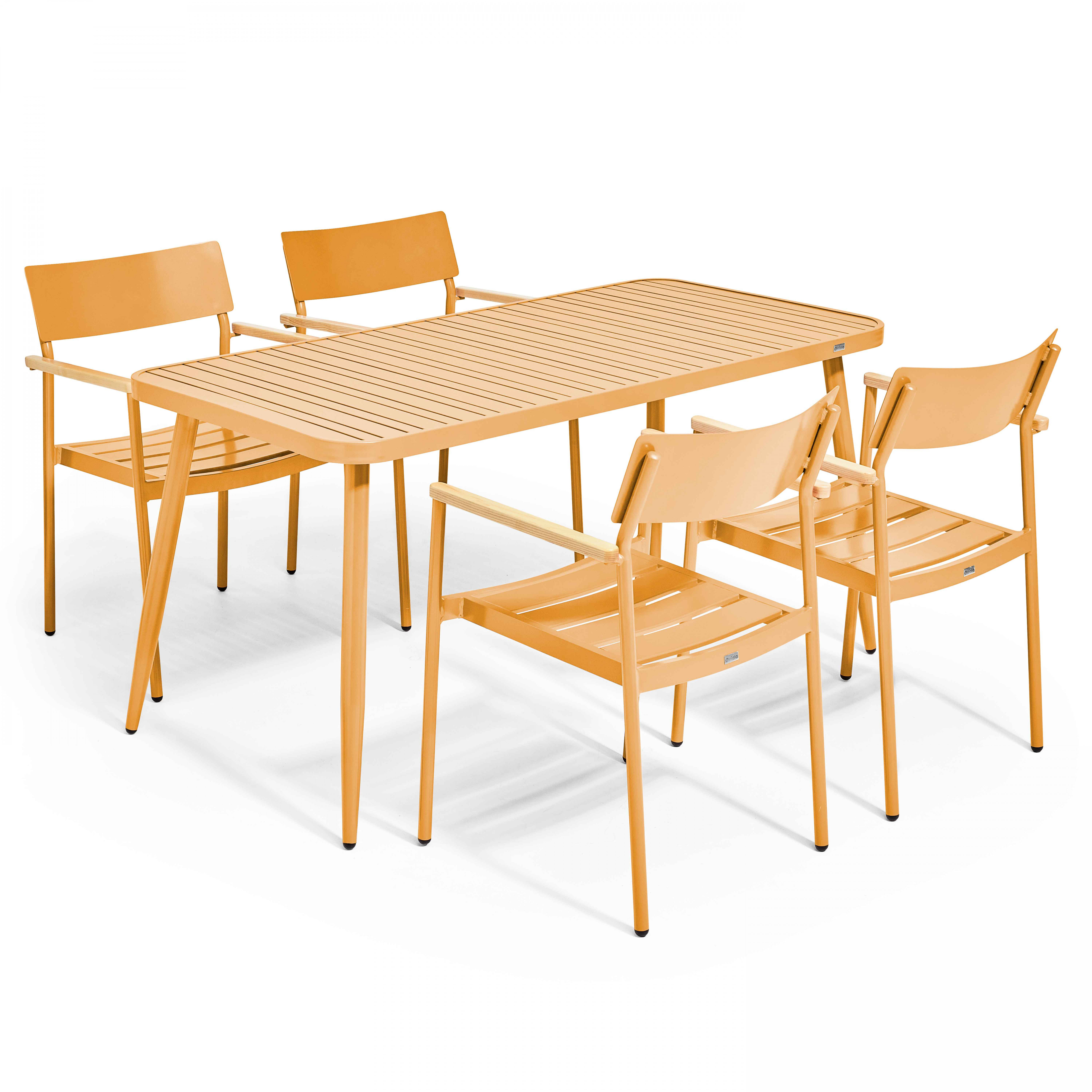 Table de terrasse en aluminium 150x75 cm et 4 chaises avec accoudoirs en bois