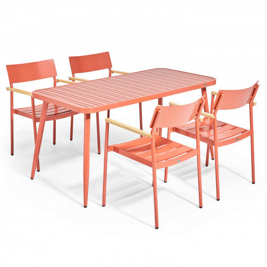 Table de terrasse en aluminium 150x75 cm et 4 chaises avec accoudoirs en bois | Mobeventpro