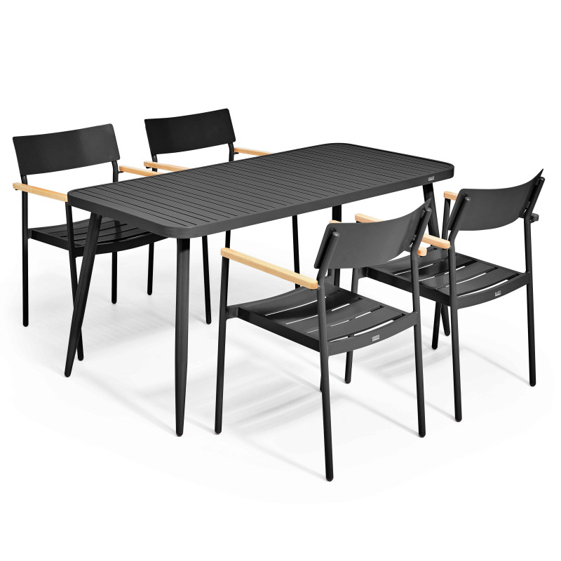 Ensemble de terrasse ( 150 x 75 x 76 cm) + 4 fauteuils en aluminium/bois