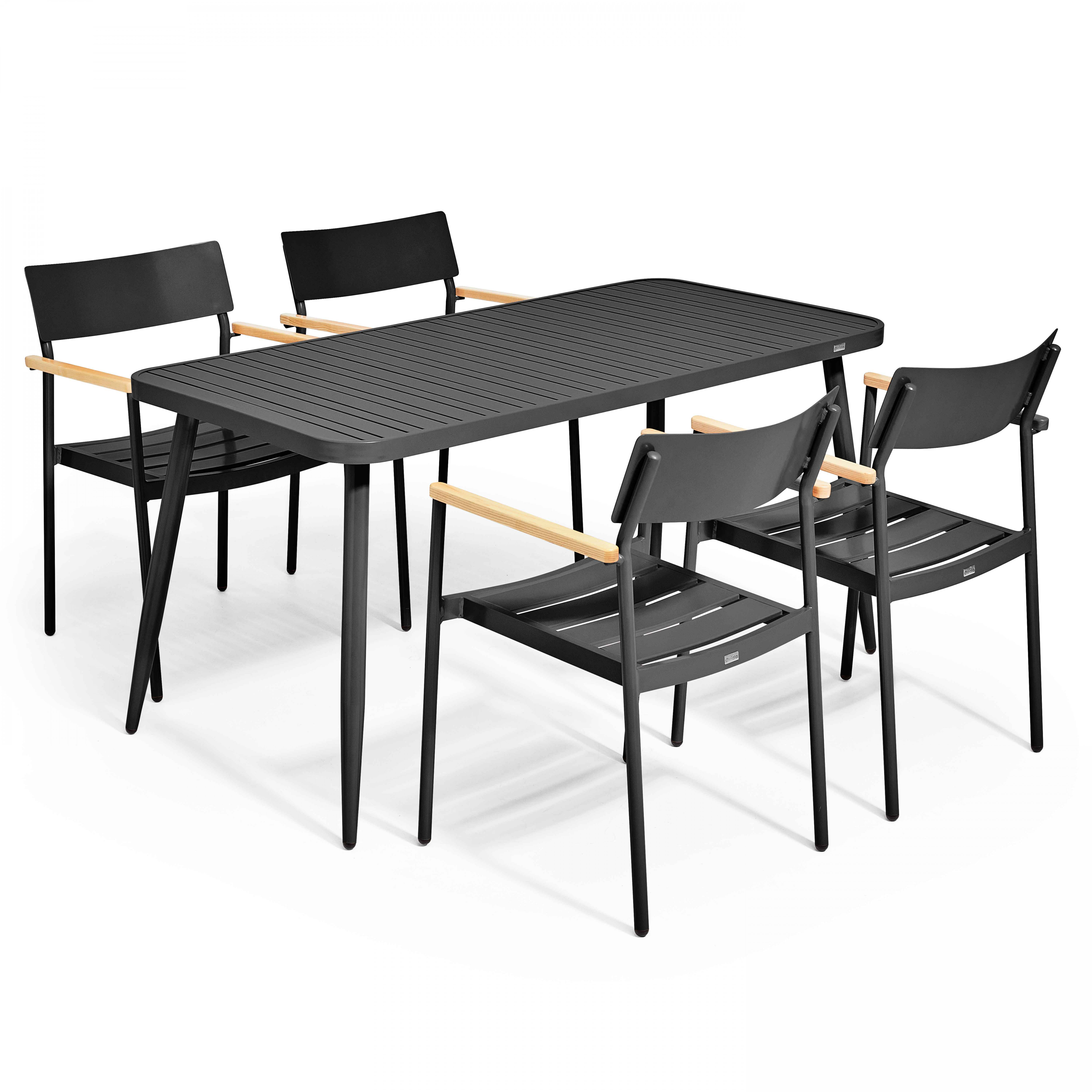 Table de terrasse en aluminium 150x75 cm et 4 chaises avec accoudoirs en bois