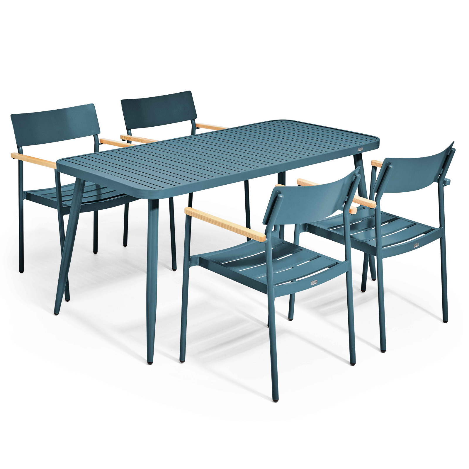 Ensemble de terrasse ( 150 x 75 x 76 cm) + 4 fauteuils en aluminium/bois
