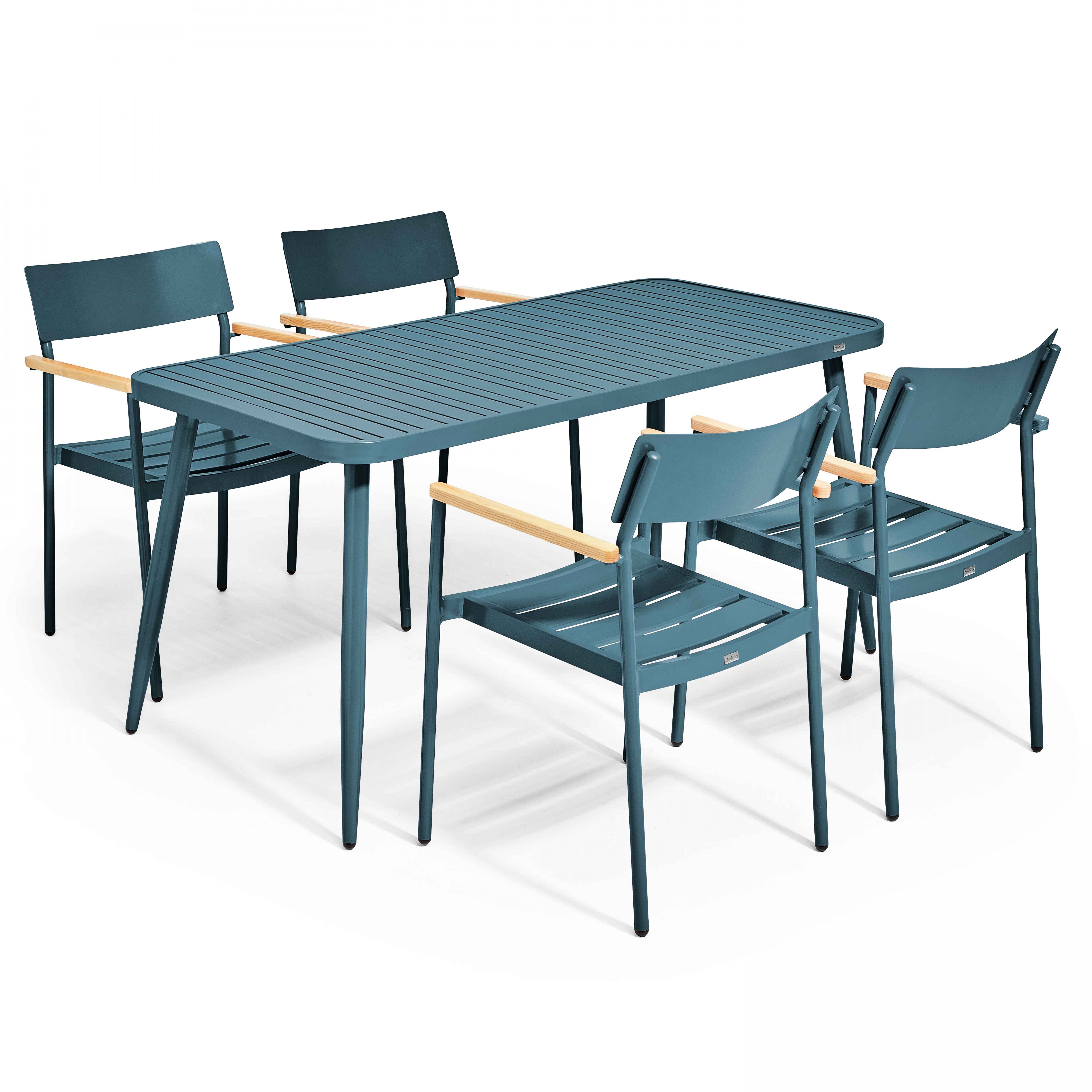Table de terrasse en aluminium 150x75 cm et 4 chaises avec accoudoirs en bois