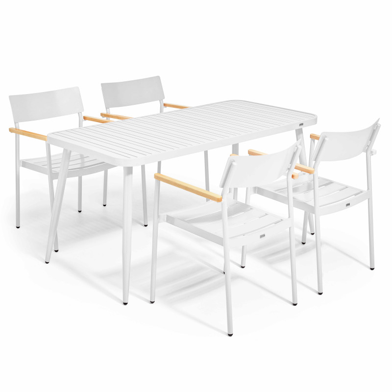 Ensemble de terrasse ( 150 x 75 x 76 cm) + 4 fauteuils en aluminium/bois