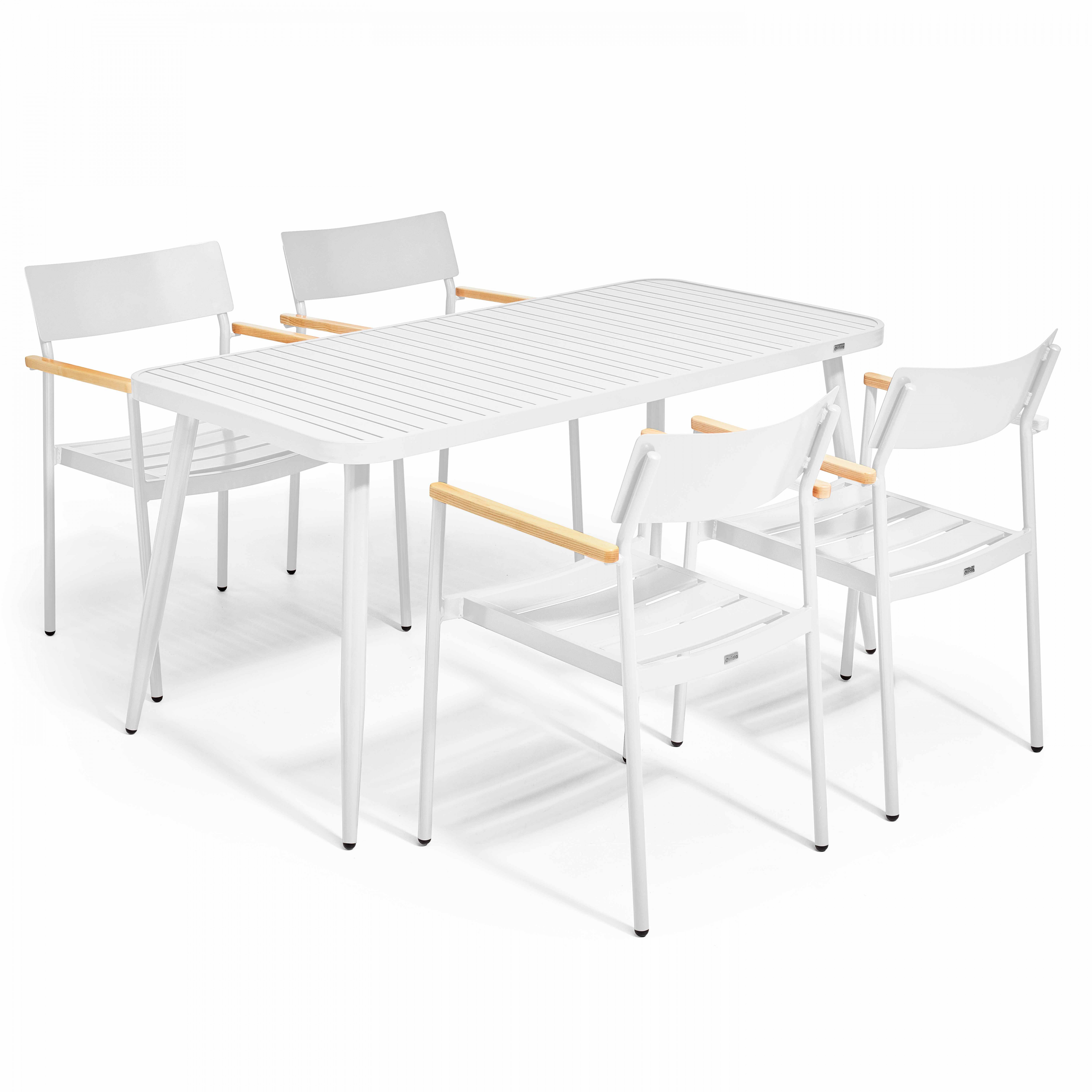 Table de terrasse en aluminium 150x75 cm et 4 chaises avec accoudoirs en bois