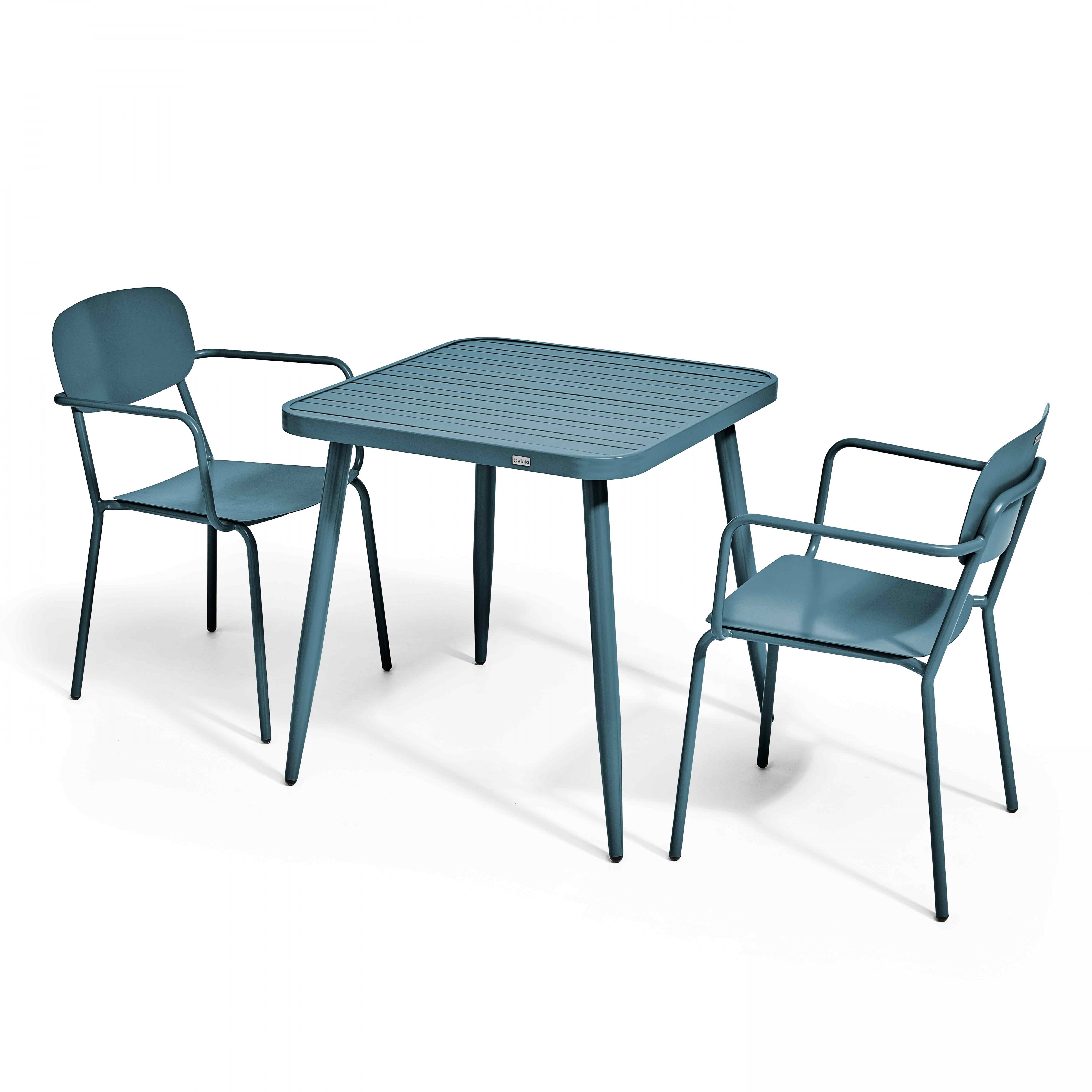 Table de terrasse carrée en aluminium 75x75 cm et 2 chaises avec accoudoirs