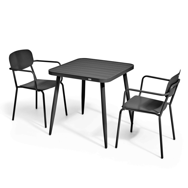 Table de terrasse carrée ( 75 x 75 x 76 cm) + 2 fauteuils en aluminium