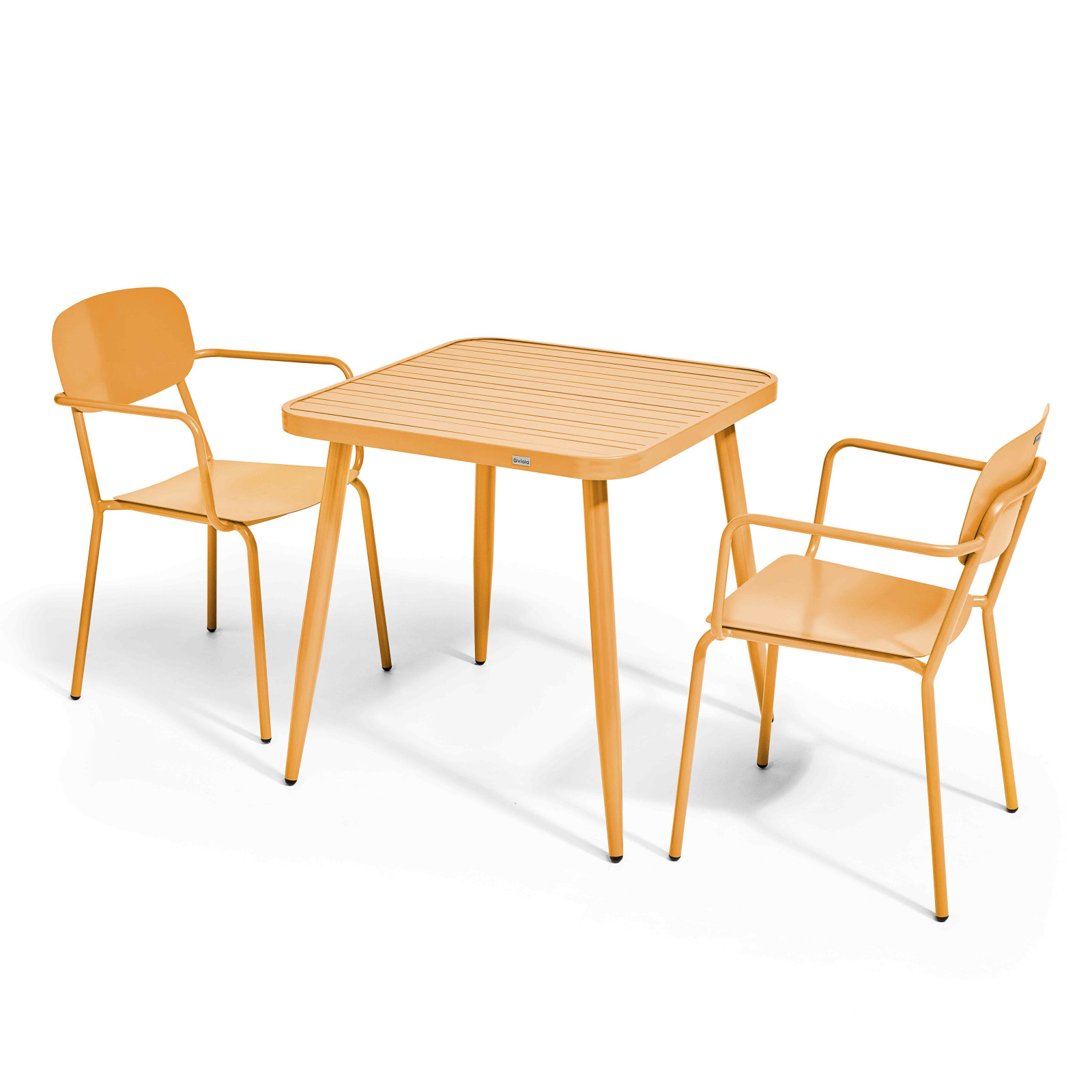 Table de terrasse carrée ( 75 x 75 x 76 cm) + 2 fauteuils en aluminium