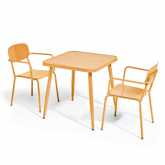 Table de terrasse carrée ( 75 x 75 x 76 cm) + 2 fauteuils en aluminium