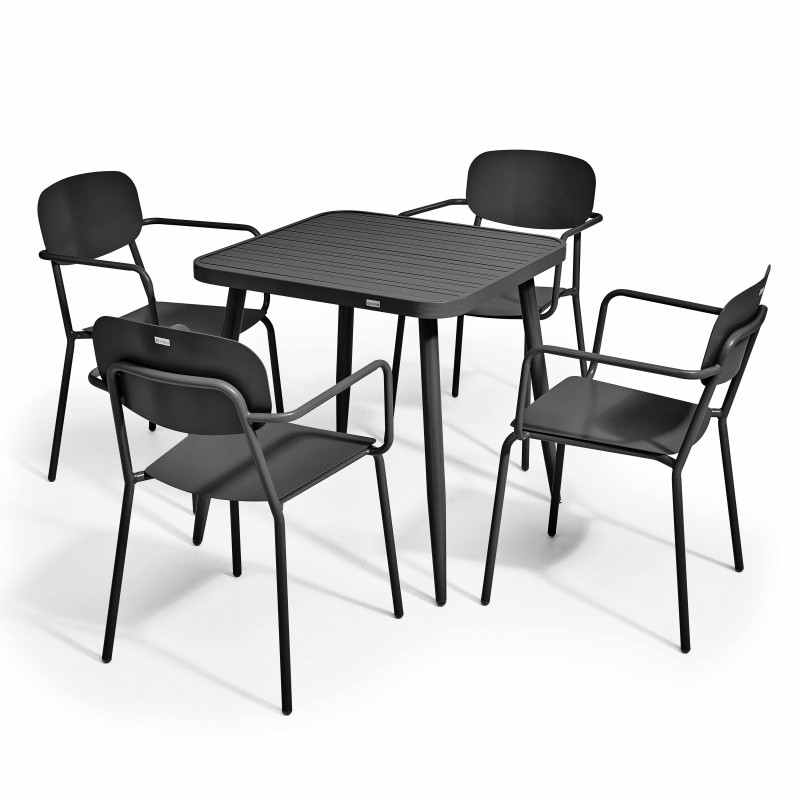 Table de terrasse carrée ( 75 x 75 x 76 cm) et 4 chaises avec accoudoirs en aluminium