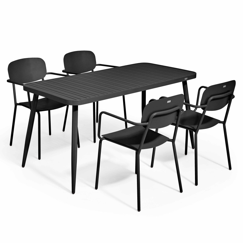 Ensemble table de terrasse (150 x 75 x 75 cm) + 4 fauteuils en aluminium