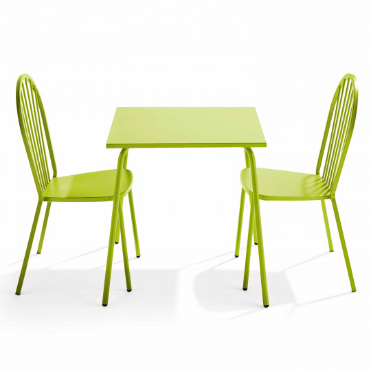 Ensemble table carrée 70 x 70 cm et 2 chaises en métal