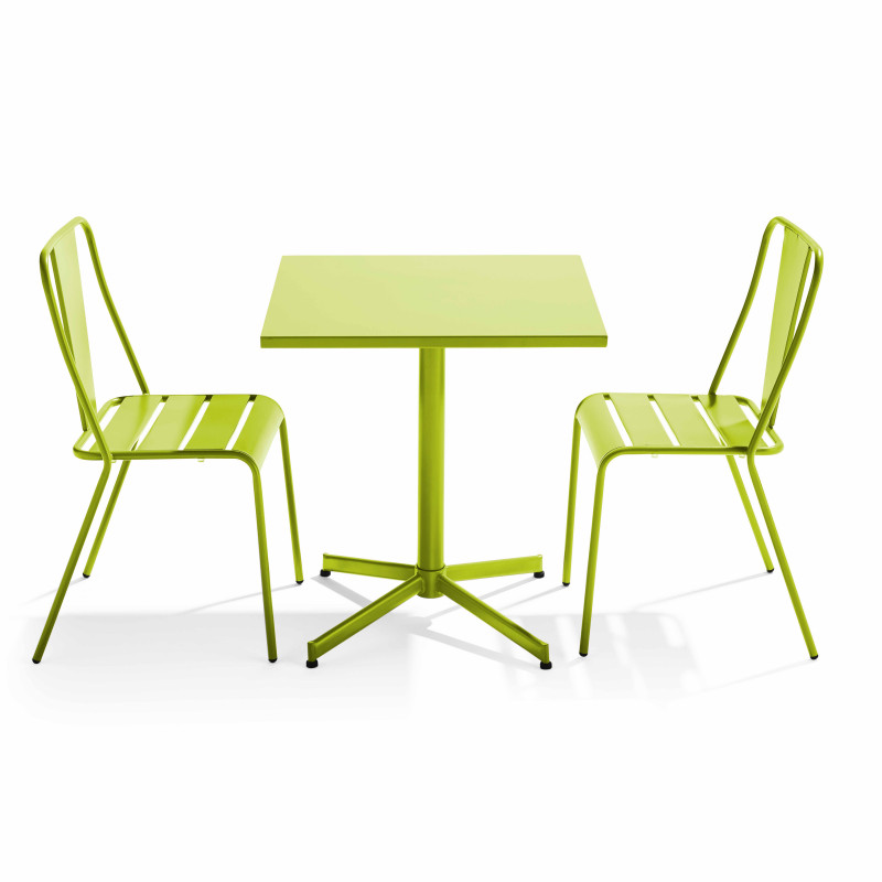 Ensemble table carrée inclinable 70 x 70 cm et 2 chaises en métal